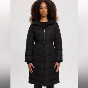 Noize Women's Vegan Black Long Belted Parka Coat S